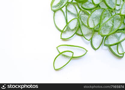 Aloe vera slices on a white background. Copy space