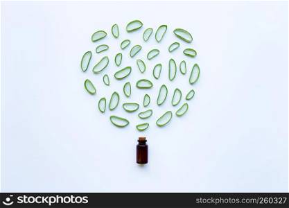 Aloe vera slices with bottle of essential oil on white background.