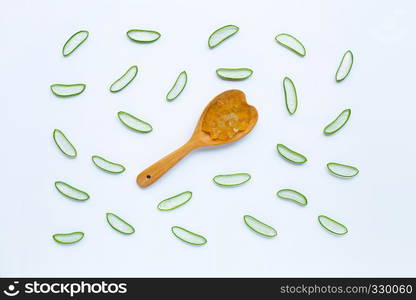 Aloe vera slices with gel on white background.