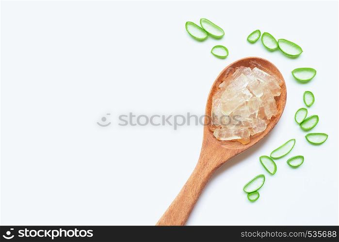 Aloe vera slices with gel on white background. Copy space