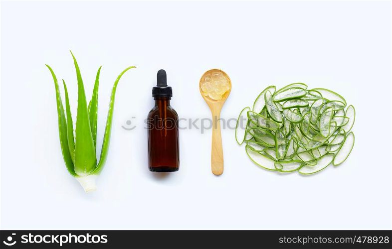 Aloe vera with essential oil on white background.