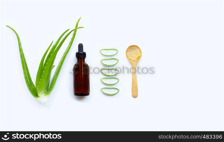 Aloe vera with essential oil on white background.