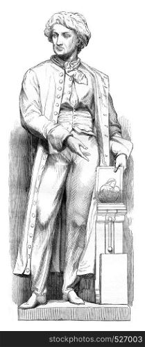 Alois Senefelder, one of the inventor of lithography, Statue by Maindron, vintage engraved illustration. Magasin Pittoresque 1846.