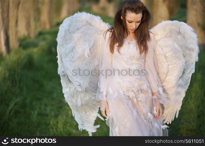 Alone angel walking in the wild forest