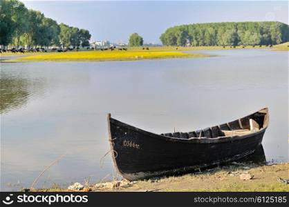 alone fishing boat on danube river in spring time