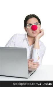 Alone office woman laptop clown nose sad expression