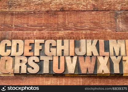 alphabet abstract in vintage letterpress printing blocks against rustic red painted barn wood with a copy space