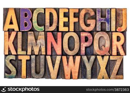 alphabet abstract in vintage letterpress wood type printing blocks, isolated on white