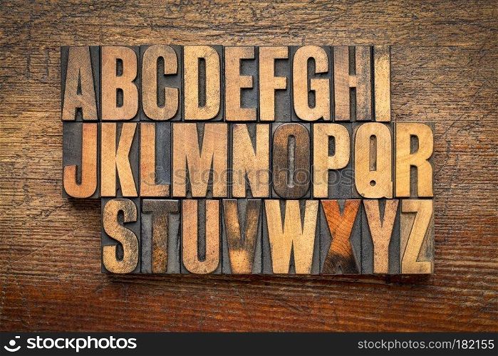 alphabet abstract in vintage wood type against rustic wooden background