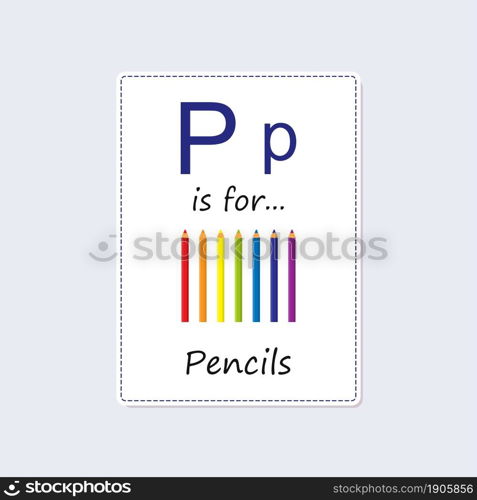 Alphabet flash card with multicolored pencils. Cartoon flat style. Vector illustration