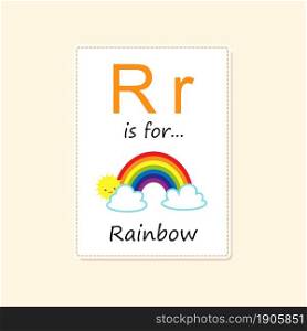 Alphabet flash card with multicolored rainbow. Cartoon flat style. Vector illustration
