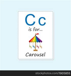 Alphabet flash card with rainbow colored carousel. Cartoon flat style. Vector illustration