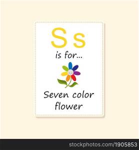 Alphabet flash card with rainbow colored seven color flover. Cartoon flat style. Vector illustration