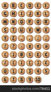 Alphabet Font Set On Rounded Wood Signs. Illustration of a set of funny rounded ABC alphabet letters and numbers with font characters on wood signs, for game ui on tablet pc, also containing orthographic symbols and punctuation marks