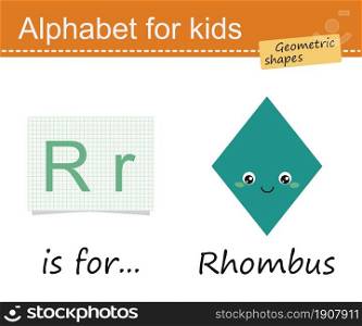 Alphabet for children. Geometric shapes, rhombus. Cartoon flat style. Vector illustration