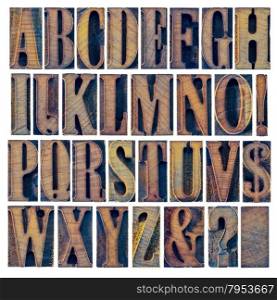 alphabet in modern letterpress wood type printing blocks, a collage of 26 isolated letters, question mark, exclamation point, ampersand and dollar sign