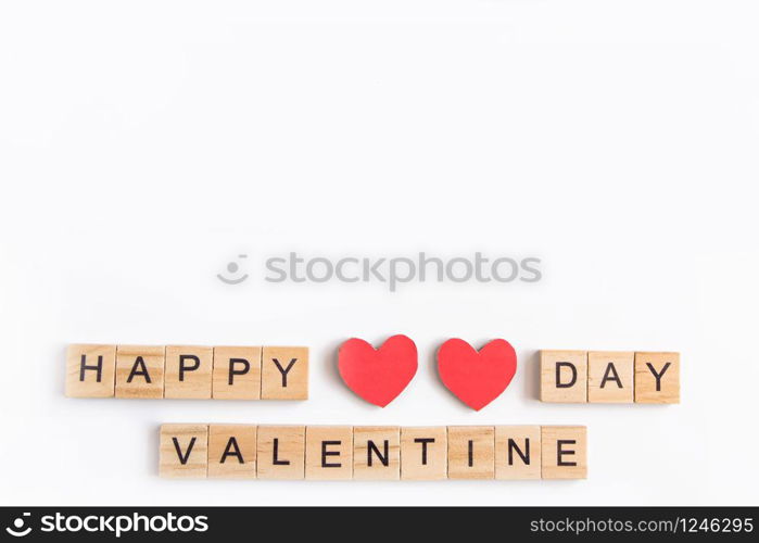 Alphabet letter wooden blocks tiles Valentine`s day on white background, Valentine concept, copy space