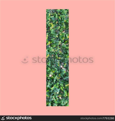 Alphabet letters of shape I in green leaf style on pastel pink background for design in your work.