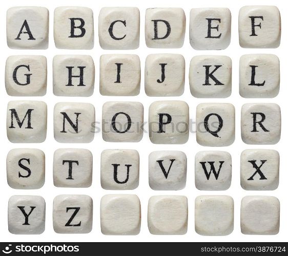 Alphabet letters on wooden pieces, isolated on white.