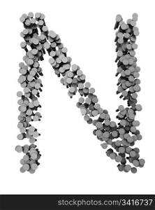 Alphabet made from hammered nails isolated on white background