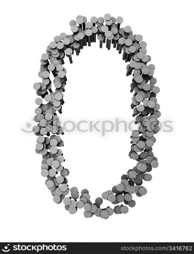 Alphabet made from hammered nails isolated on white background, number 0