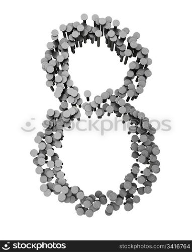 Alphabet made from hammered nails isolated on white background, number 8