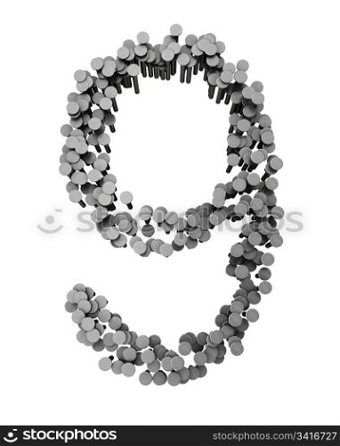 Alphabet made from hammered nails isolated on white background, number 9
