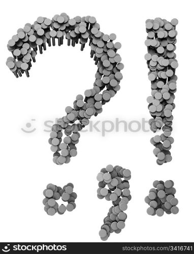Alphabet made from hammered nails isolated on white background, punctuation marks