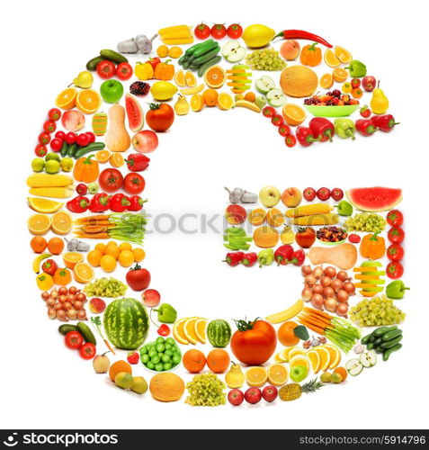 Alphabet made of many fruits and vegetables