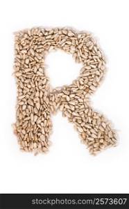 Alphabet R made of sunflower seeds.