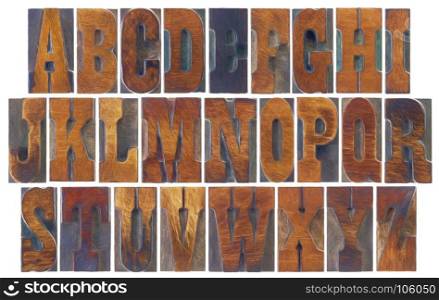 alphabet set in vintage letterpress wood type blocks, French Clarendon font popular in western movies and memorabilia, a collage of 26 isolated letters with a digital painting filter applied