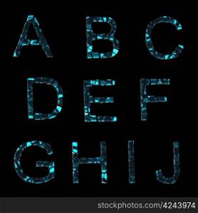 Alphabet:set of broken into pieces glass letters isolated on black. A-J, part 1/3