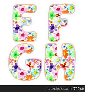 Alphabet with colorful watercolor flower pattern. Letters E, F, G, H