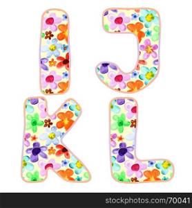 Alphabet with colorful watercolor flower pattern. Letters I, J, K, L