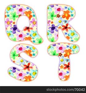 Alphabet with colorful watercolor flower pattern. Letters Q, R, S, T