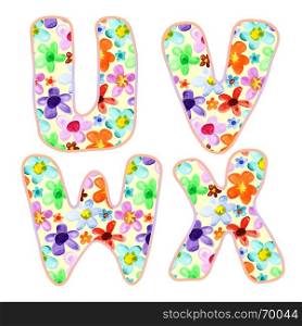 Alphabet with colorful watercolor flower pattern. Letters U, V, W, X