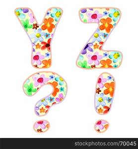 Alphabet with colorful watercolor flower pattern. Letters Y, Z and marks