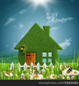 Alpine farm. Abstract eco concept backgrounds with beauty grassy house against natural landscape