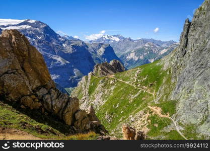 Alpine glaciers and mountains landscape in Pralognan la Vanoise. French alps.. Alpine glaciers and mountains landscape in French alps.