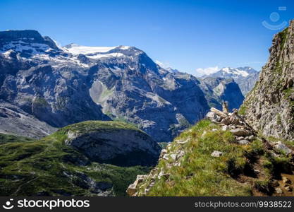 Alpine glaciers and mountains landscape in Pralognan la Vanoise. French alps.. Alpine glaciers and mountains landscape in French alps.