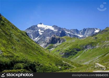 Alpine glaciers and mountains landscape in Pralognan la Vanoise. French alps.. Alpine glaciers and mountains landscape in French alps.