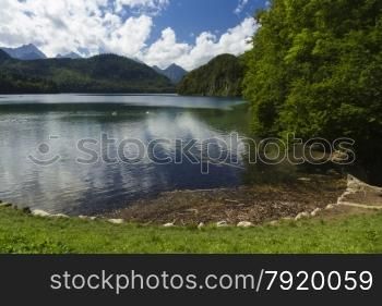 Alpine Lake Alpsee in Ostallgau district of Bavaria, near Neuschwanstein and Hohenschwangau castles. Germany, Europe. Two swans.