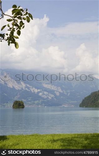 Alpine lake Brienz of Jungfrau region, viewed from Iseltwald in Switzerland