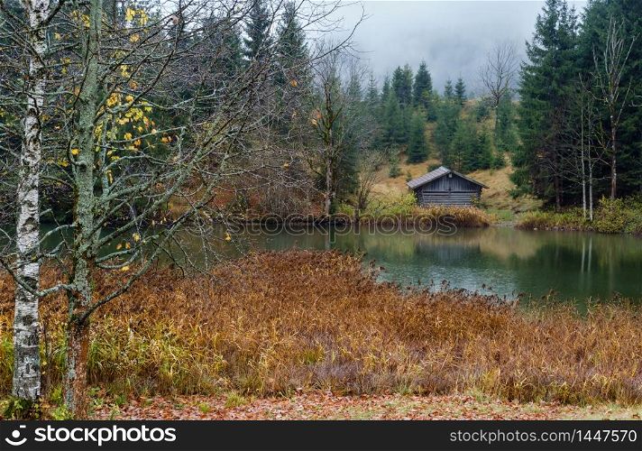Alpine lake Geroldee or Wagenbruchsee, Bavaria, Germany. Autumn overcast, foggy and drizzle day. Picturesque traveling, seasonal, weather, and rural nature beauty concept scene.
