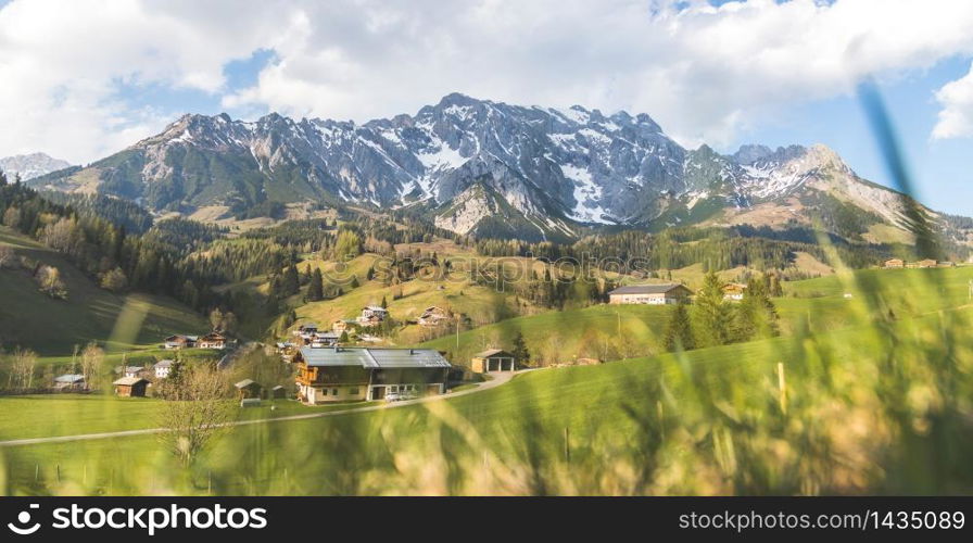 Alpine Landscape Hochkonig Mountain Range, green meadows in spring