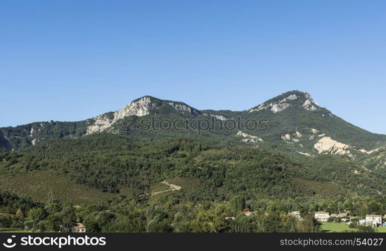 Alpine landscape of Alpes-de-Haute-Provence department in southeastern France. Neighborhoods of a medieval city of Castellane