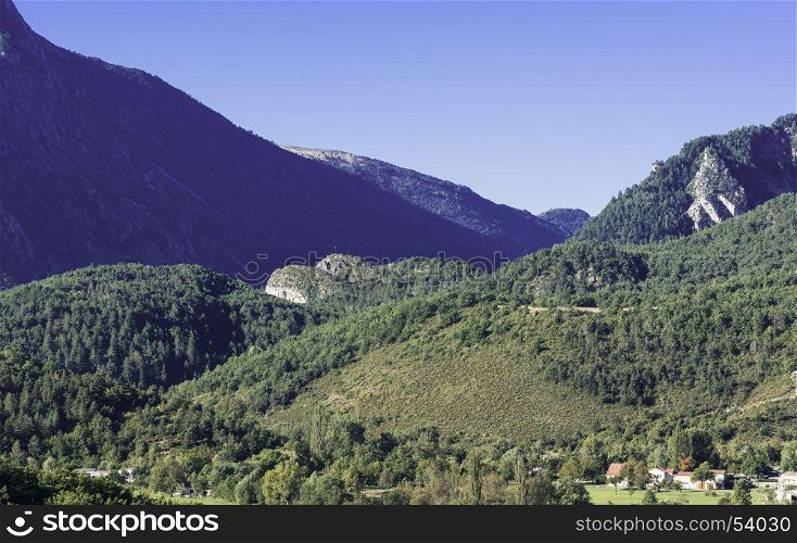 Alpine landscape of Alpes-de-Haute-Provence department in southeastern France. Neighborhoods of a medieval city of Castellane