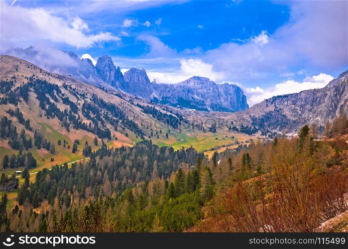 Alpine landscape of Gardena Pass in Dolomites Alps, Val Gardena, South Tyrol, Italy