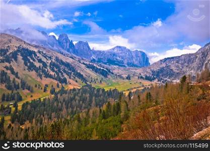 Alpine landscape of Gardena Pass in Dolomites Alps, Val Gardena, South Tyrol, Italy