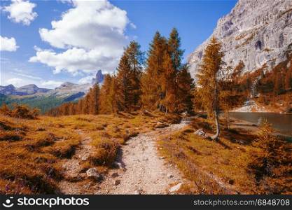 Alpine mountain autumn landscape. Dolomites Alps, Italy